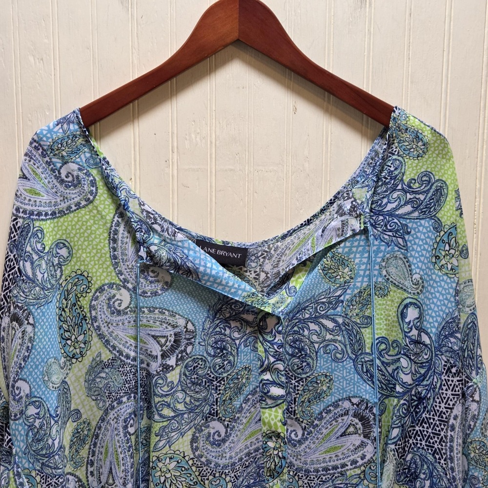 Lane Bryant Blouse Womens Plus 22/24 Blue V Neck Long Slit Sleeve Paisley Tunic